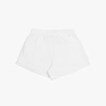 Flat-lay view of white shorts from the back, featuring a clean and simple design with an elastic waistband