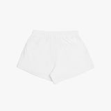 Flat-lay view of white shorts from the back, featuring a clean and simple design with an elastic waistband