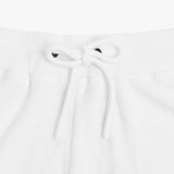 Close-up of the waistband of white shorts, featuring a drawstring with white tips for an adjustable fit and a clean design