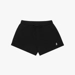 This image shows a flat-lay view of the black athletic shorts. The shorts are shown without the model, featuring the drawstring waistband and the logo on the lower right side. It highlights the simple, casual design of the shorts