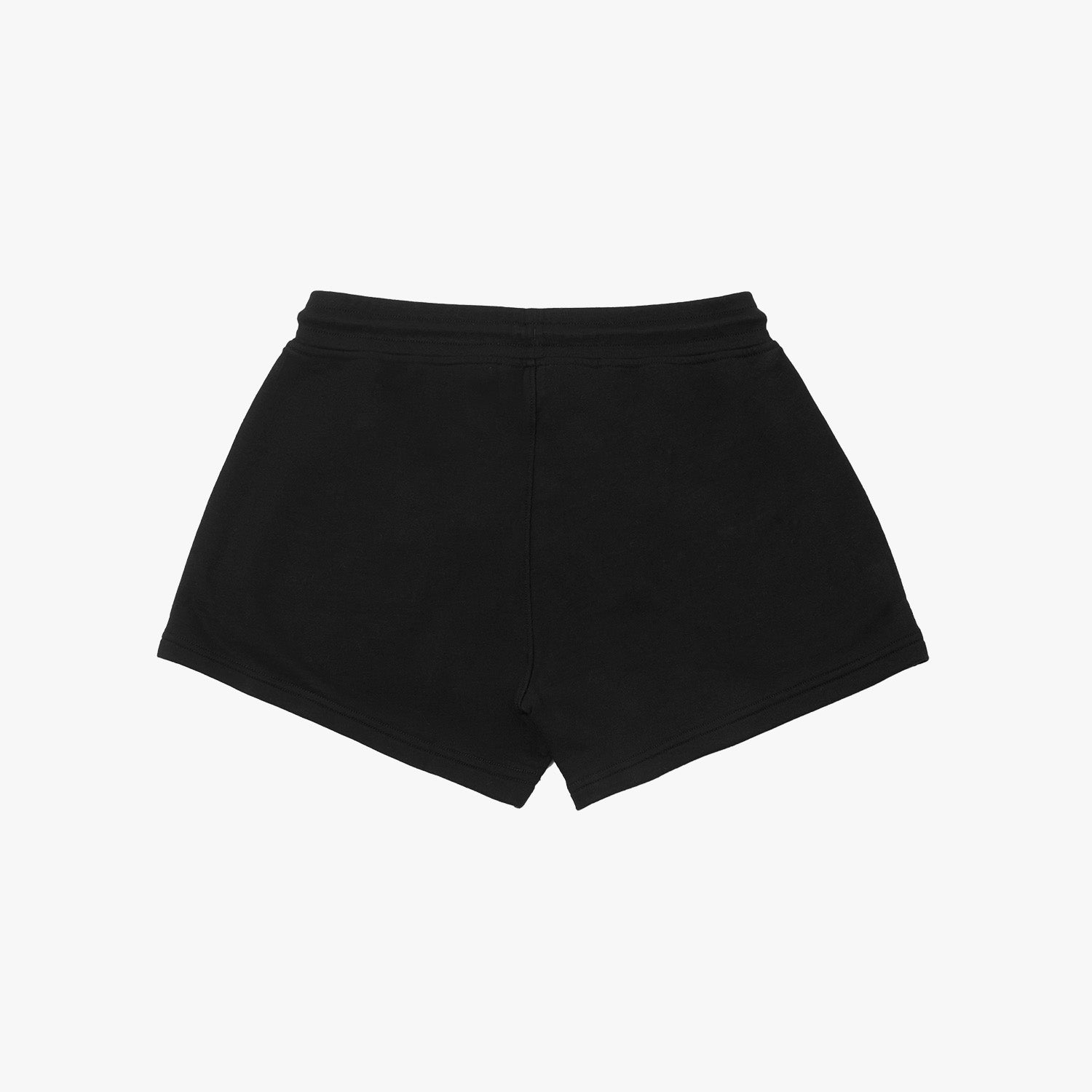 This image shows a flat-lay view of the black athletic shorts from the back. The shorts are plain without the logo visible, providing a simple look at the back design, showing the waistband and the stitching along the edges