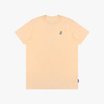 Beige t-shirt with a small logo on a white background
