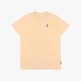 Beige t-shirt with a small logo on a white background