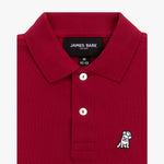 Close-up of the collar and chest area of the red polo shirt, showing the button placket and embroidered logo.