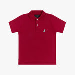 Flat lay of the red polo shirt, showing the front with the blue embroidered logo on the chest and buttoned collar.