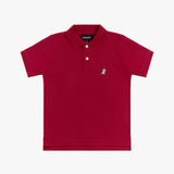 Flat lay of the red polo shirt, showing the front with the blue embroidered logo on the chest and buttoned collar.