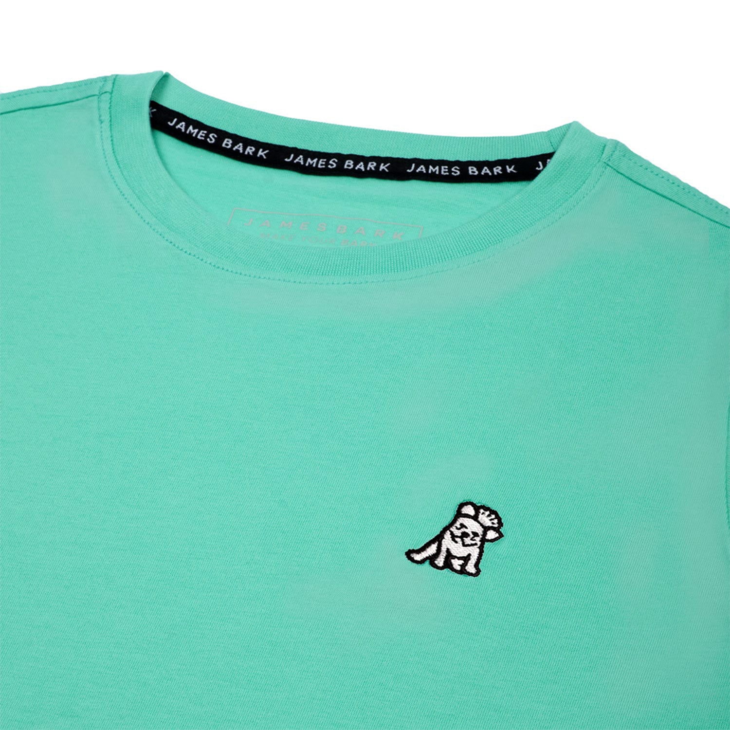 Close-up of the small white embroidered logo on the front of the mint green t-shirt.