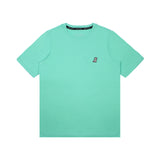 Flat-lay front view of the mint green t-shirt showing the small white embroidered logo on the chest.