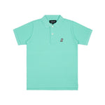 Flat lay of the mint green polo shirt, showing the front with the embroidered logo on the chest and buttoned collar.