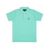 Flat lay of the mint green polo shirt, showing the front with the embroidered logo on the chest and buttoned collar.