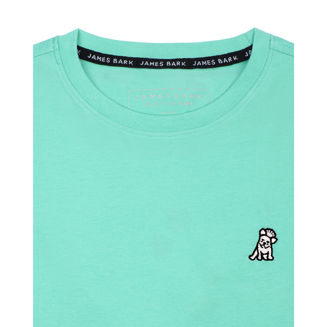 Close-up of the collar area of the mint green t-shirt, showing the small white embroidered logo on the chest.