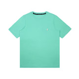 Flat-lay front view of the mint green t-shirt showing the small white embroidered logo on the chest.