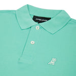 Close-up of the neckline and collar of the mint green polo shirt, showing the button details.