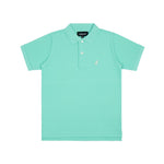 Flat lay of the mint green polo shirt, showing the front with the embroidered logo on the chest and buttoned collar.