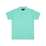 Flat lay of the mint green polo shirt, showing the front with the embroidered logo on the chest and buttoned collar.