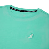 Close-up of the small white embroidered logo on the front of the mint green t-shirt.