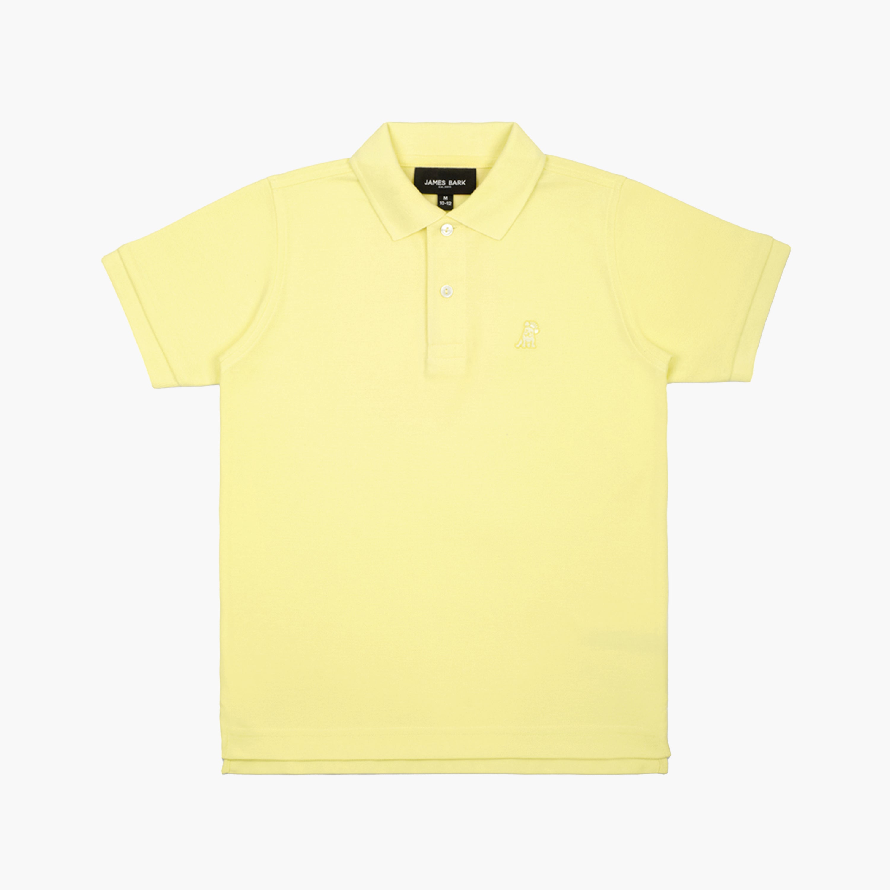 Flat lay of the yellow polo shirt, showing the front with the embroidered logo on the chest and buttoned collar.