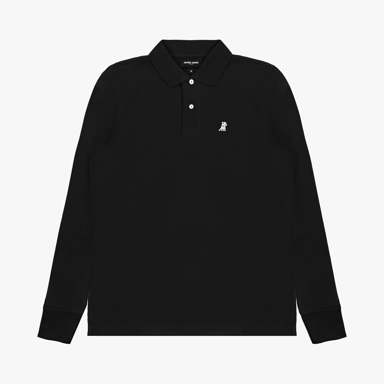 A flat-lay image of the black long-sleeved polo shirt, showing the collar and full sleeves.