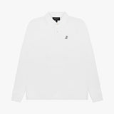 A flat-lay image of the white long-sleeved polo shirt, showing the collar and full sleeves.