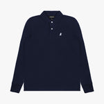 A flat-lay image of the navy blue long-sleeved polo shirt, showing the collar and full sleeves.