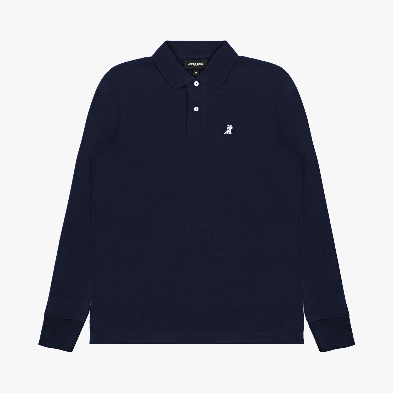 A flat-lay image of the navy blue long-sleeved polo shirt, showing the collar and full sleeves.