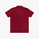 A red polo shirt laid flat, showing the collar and small golden embroidered logo on the chest.