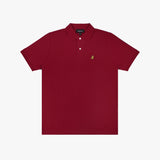 A red polo shirt laid flat, showing the collar and small golden embroidered logo on the chest.