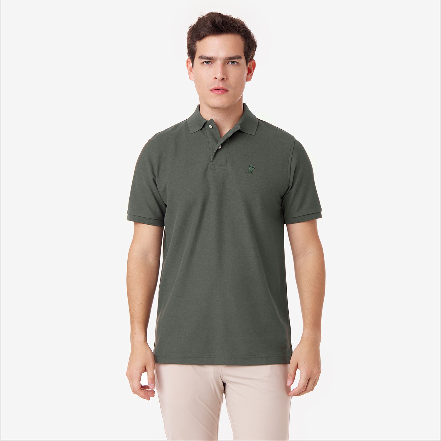 Male model wearing an olive green polo shirt with a green embroidered dog logo and tan pants, standing front view
