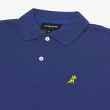 A close-up of the collar and upper chest area of the polo shirt, highlighting the texture of the fabric, white buttons, and the yellow embroidered dog logo