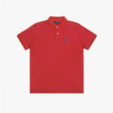 Red polo shirt laid flat, showing collar, buttons, brand tag, and blue embroidered dog logo
