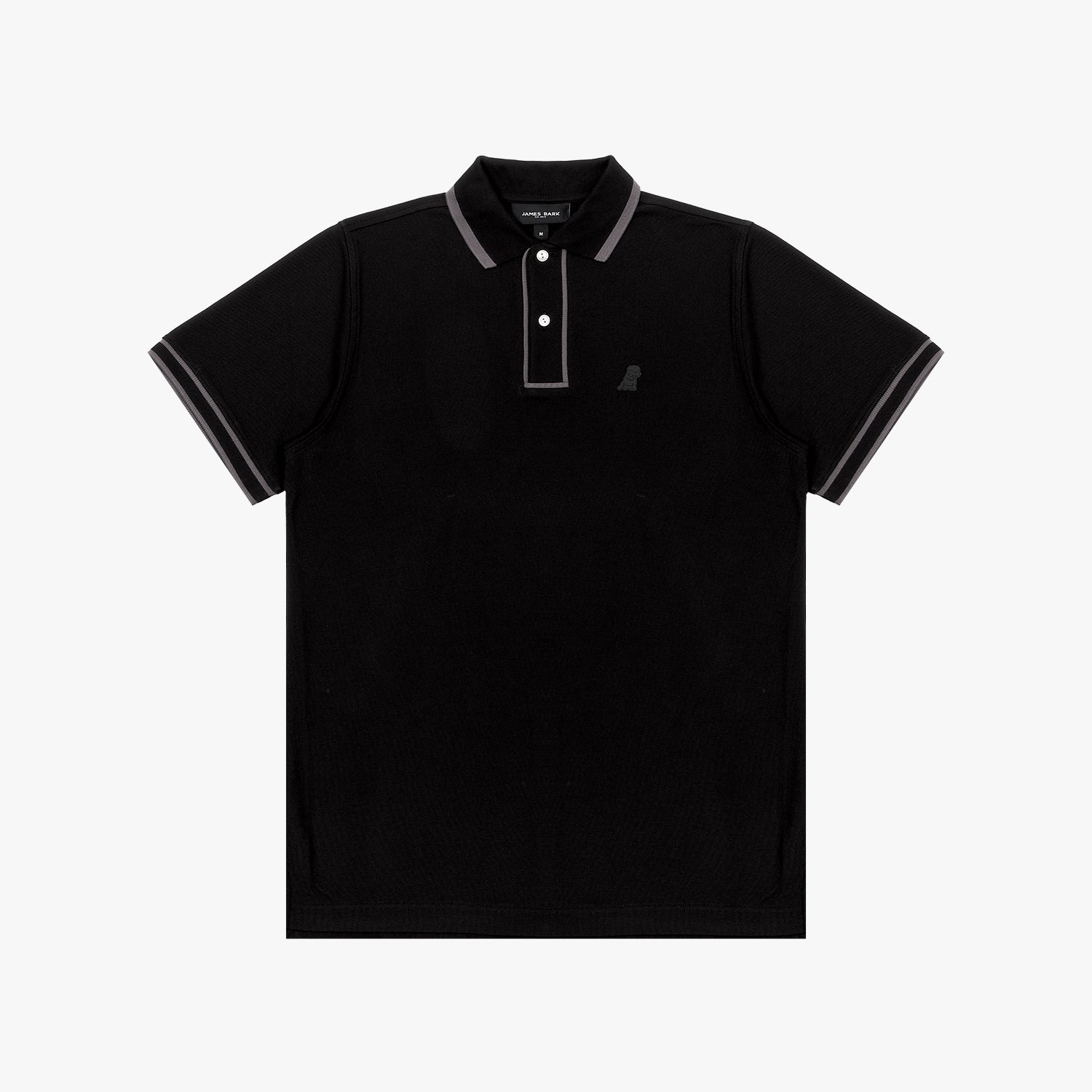 A black polo shirt with contrasting gray trim on the collar, sleeve edges, and placket. The two-button closure features white buttons. The brand label "James Bark" is visible inside the collar, and an embossed dog logo is subtly placed on the left side of the chest, blending with the fabric