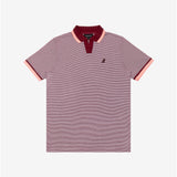 A striped polo shirt featuring a micro-stripe pattern in burgundy and white. The ribbed collar is deep burgundy with a contrasting soft pink stripe along the edge. The open placket adds a modern and relaxed touch. The sleeves have matching pink and burgundy ribbed cuffs for a cohesive design. A tonal rubberized dog logo is subtly placed on the left chest, maintaining the shirt’s minimalist and refined aesthetic.