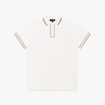 A white polo shirt with brown trim accents on the collar, sleeve cuffs, and placket. The design is minimalistic, featuring a classic two-button closure at the collar and subtle branding on the chest. The fabric appears to be a breathable material, suitable for casual or semi-formal wear.