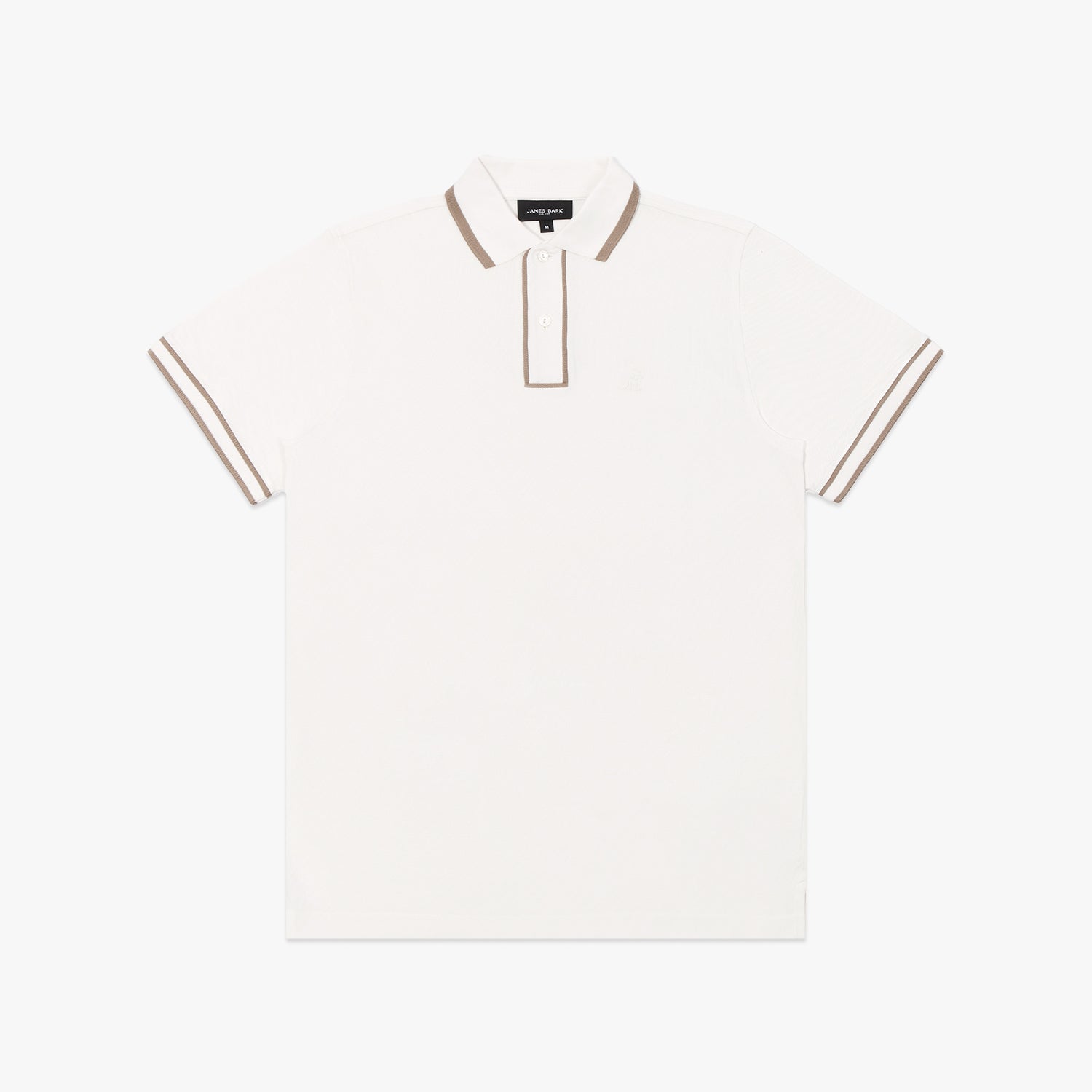 A white polo shirt with brown trim accents on the collar, sleeve cuffs, and placket. The design is minimalistic, featuring a classic two-button closure at the collar and subtle branding on the chest. The fabric appears to be a breathable material, suitable for casual or semi-formal wear.