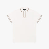 A white polo shirt with brown trim accents on the collar, sleeve cuffs, and placket. The design is minimalistic, featuring a classic two-button closure at the collar and subtle branding on the chest. The fabric appears to be a breathable material, suitable for casual or semi-formal wear.