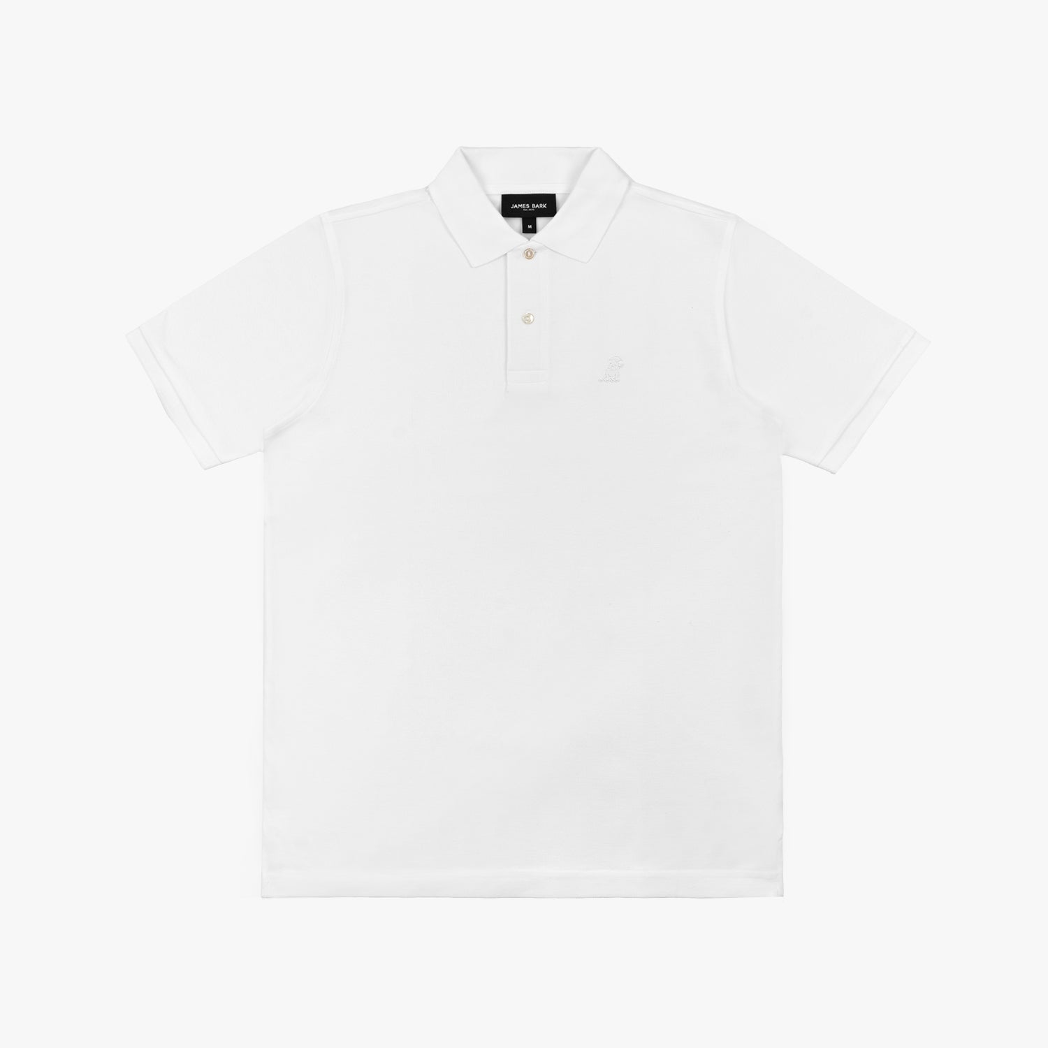 The white polo shirt laid flat, displaying the front design and buttons.