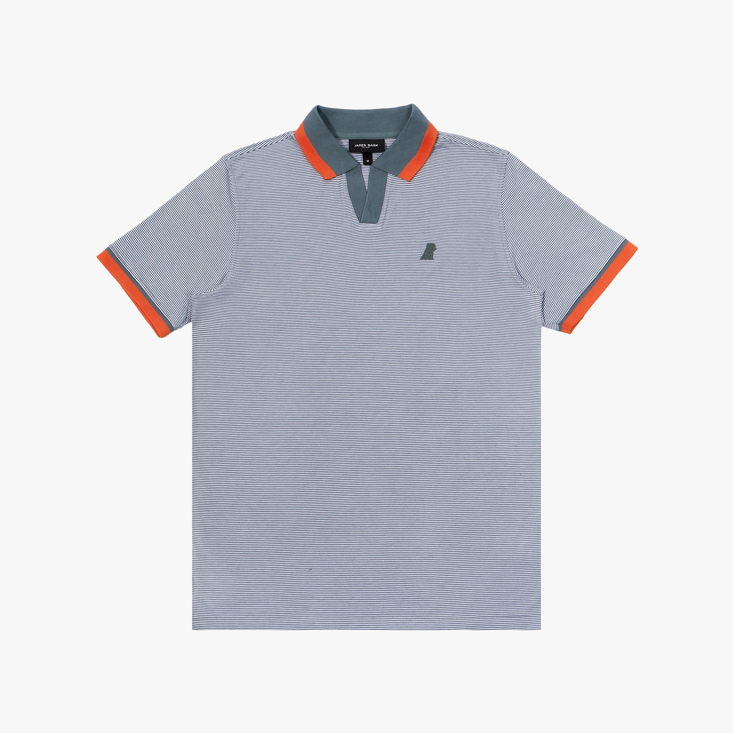 Striped polo shirt featuring a fine blue and white micro-stripe pattern. The ribbed collar and sleeve cuffs contrast in dark green and burnt orange, adding a stylish touch. The shirt has a modern open placket design without buttons and includes a subtle tonal embroidered dog logo on the left chest. Made from breathable fabric for a comfortable fit.