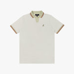 Short-sleeve polo shirt in light tones with a contrasting collar and cuffs. Features a small embroidered logo on the chest and a subtle striped design