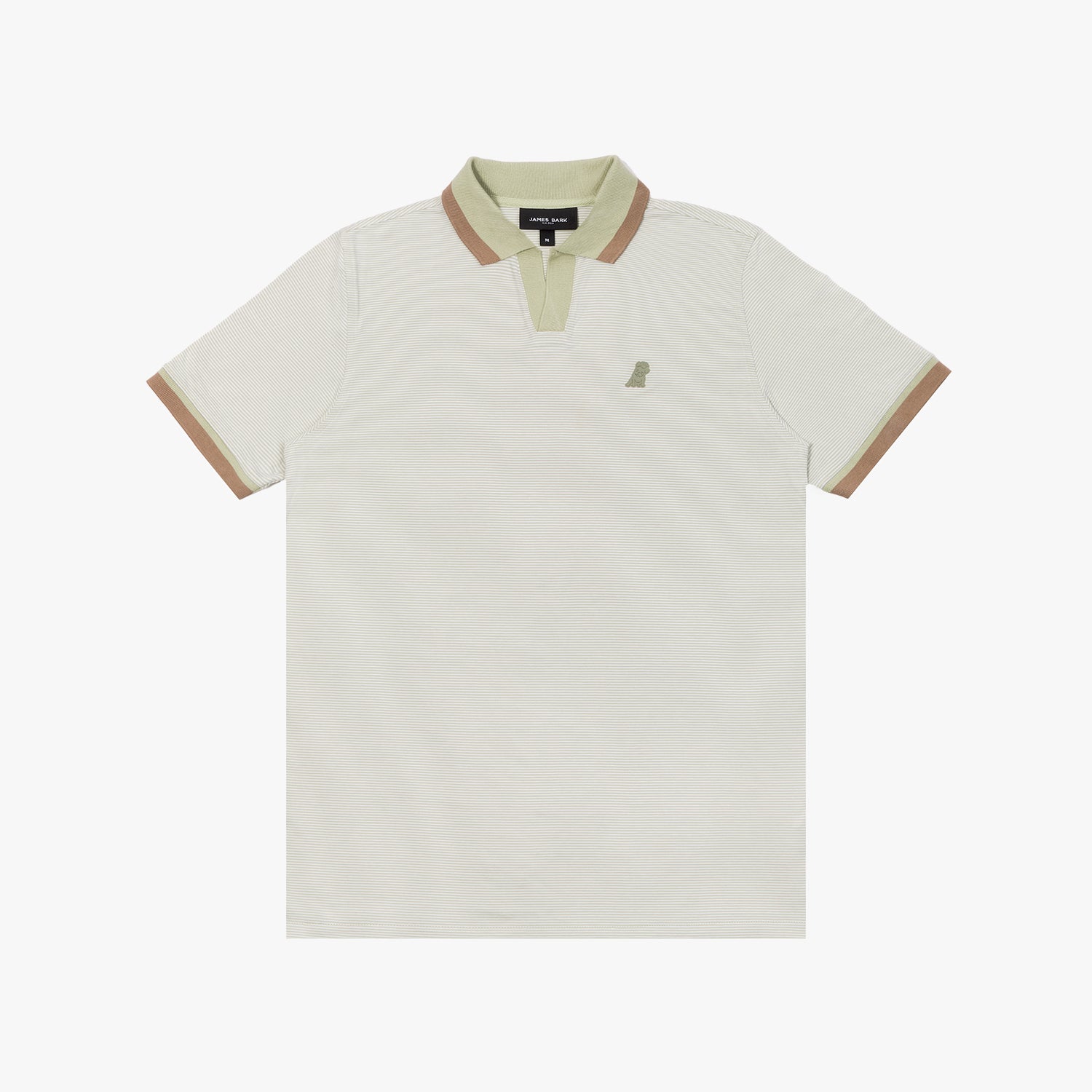 Short-sleeve polo shirt in light tones with a contrasting collar and cuffs. Features a small embroidered logo on the chest and a subtle striped design