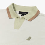 Close-up of a James Bark polo shirt featuring a light striped pattern, with a contrasting green and brown ribbed collar. The polo includes an embroidered dog logo on the chest and the James Bark brand label on the collar