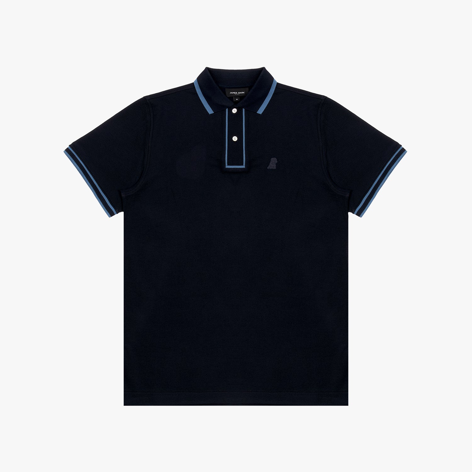 A navy blue polo shirt featuring a classic two-button placket with a contrasting light blue trim. The collar and sleeve cuffs also have matching light blue accents. The shirt has a subtle embroidered logo of a small dog on the left chest area. The fabric appears to be a textured pique material, giving it a refined yet casual look.