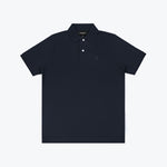 Polo in navy blue laid flat on a white surface, displaying the front with the embroidered logo and buttons.