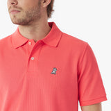 Close-up of a man wearing a red polo shirt with a small logo on a white background