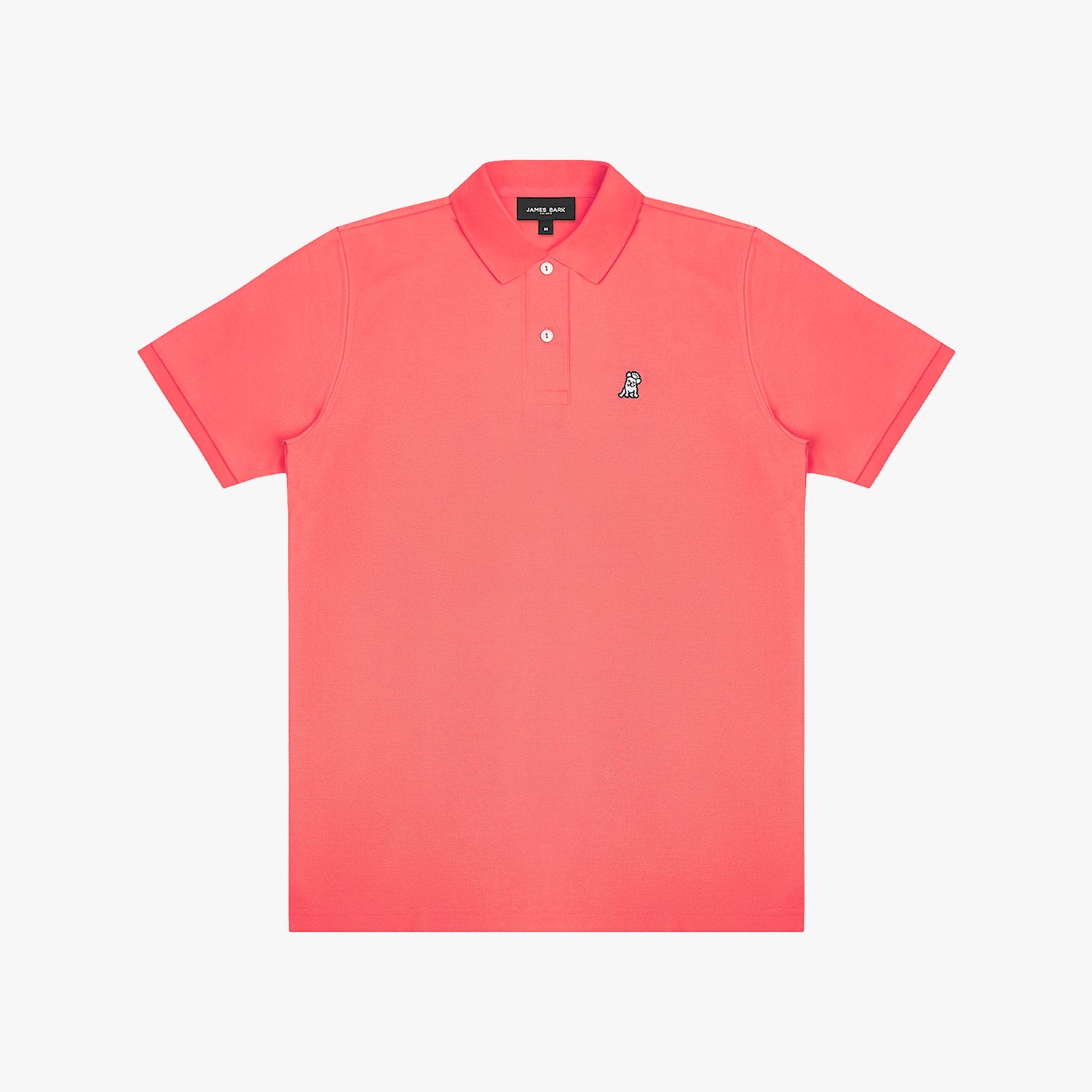 Coral polo shirt with a small logo on a light gray background