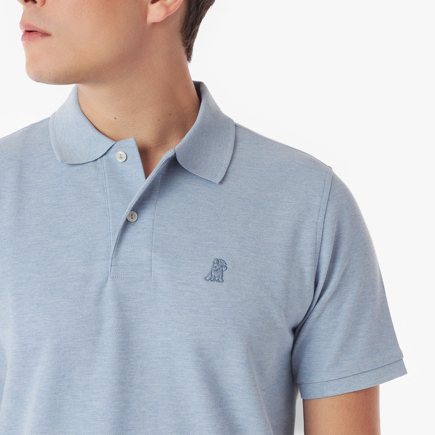 Close-up of a light blue polo shirt with a small logo on a white background