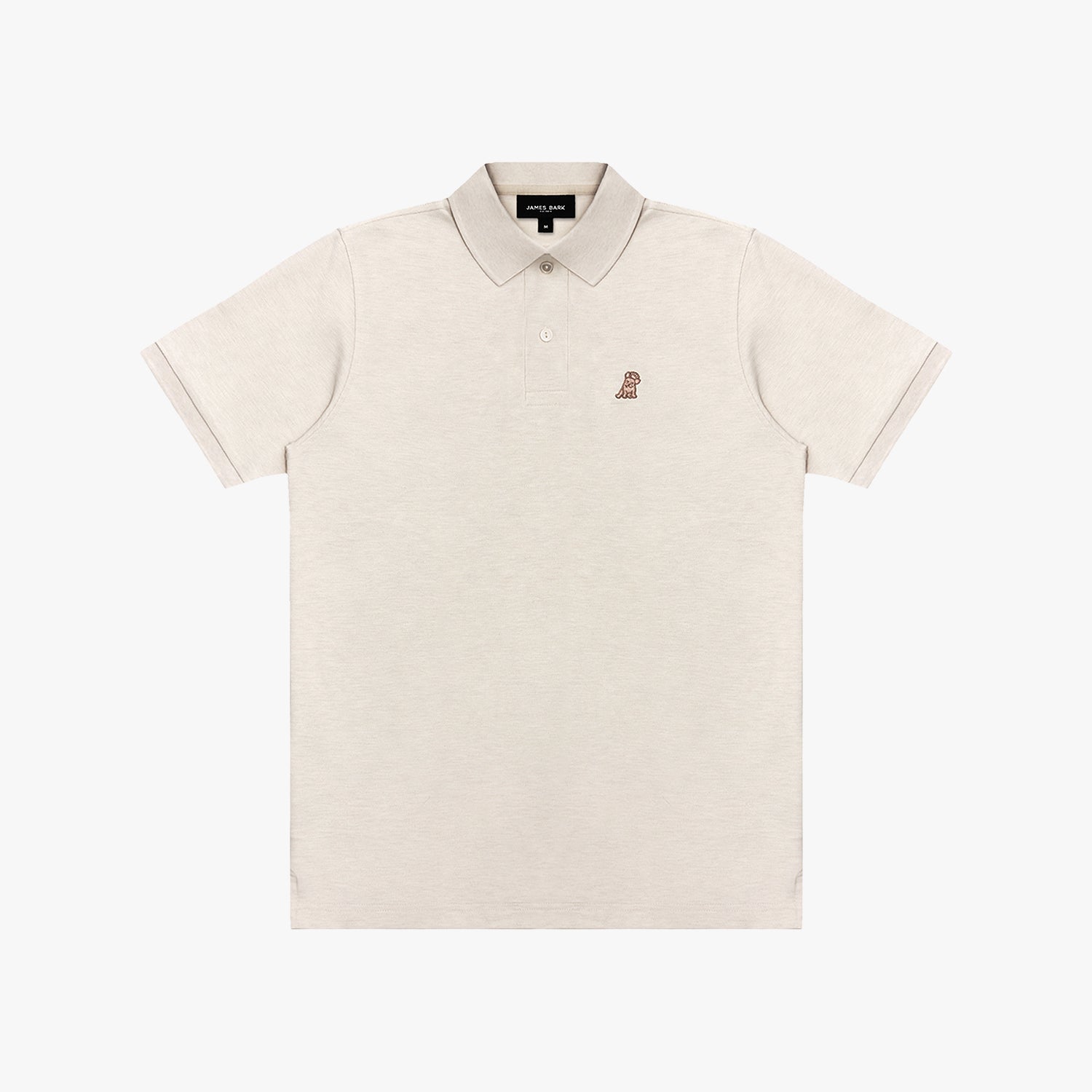 Beige polo shirt with a small logo on a white background