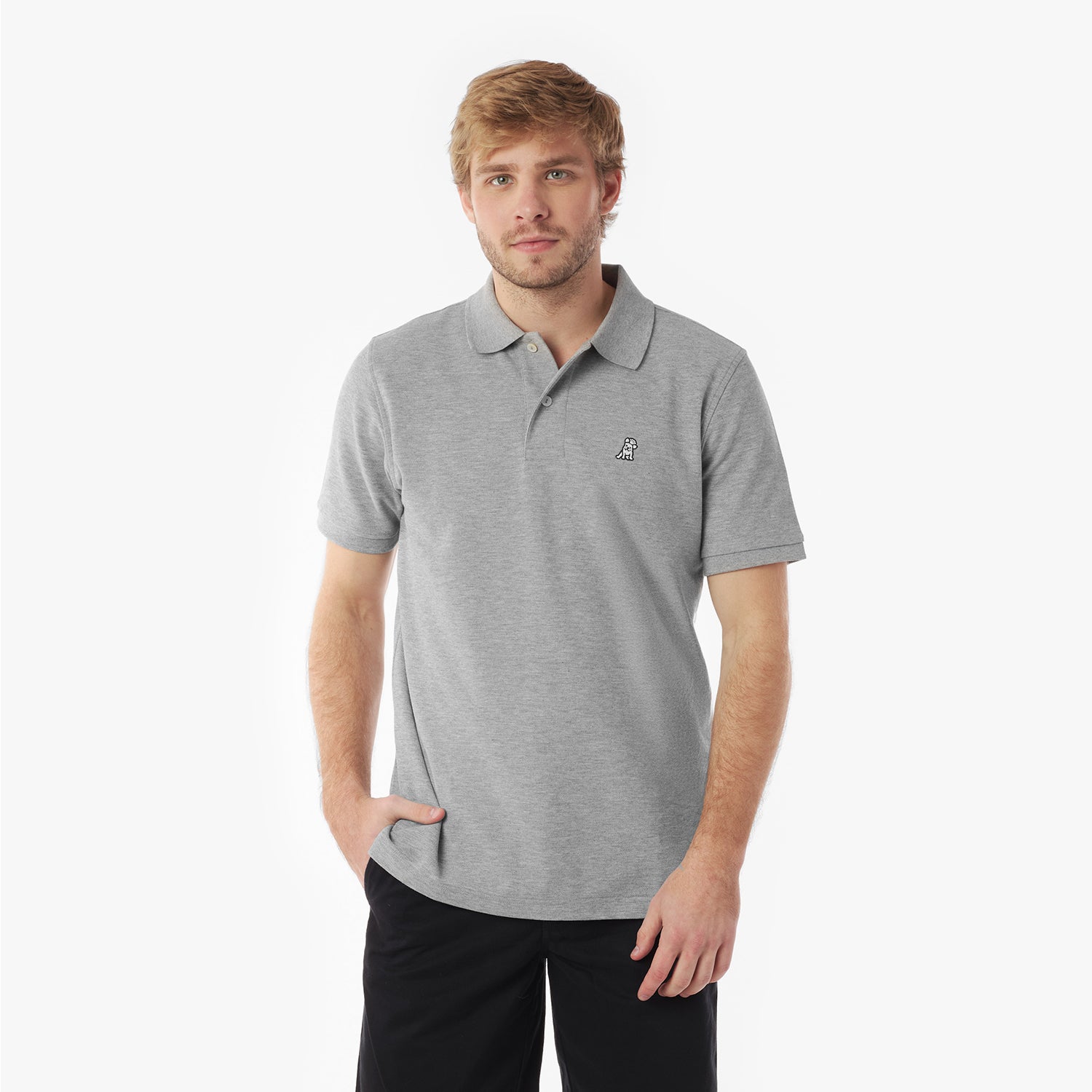 Man wearing a gray polo shirt with a small logo on a white background