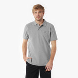Man wearing a gray polo shirt with a small logo on a white background