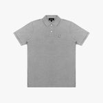 Gray polo shirt with a small logo on a white background