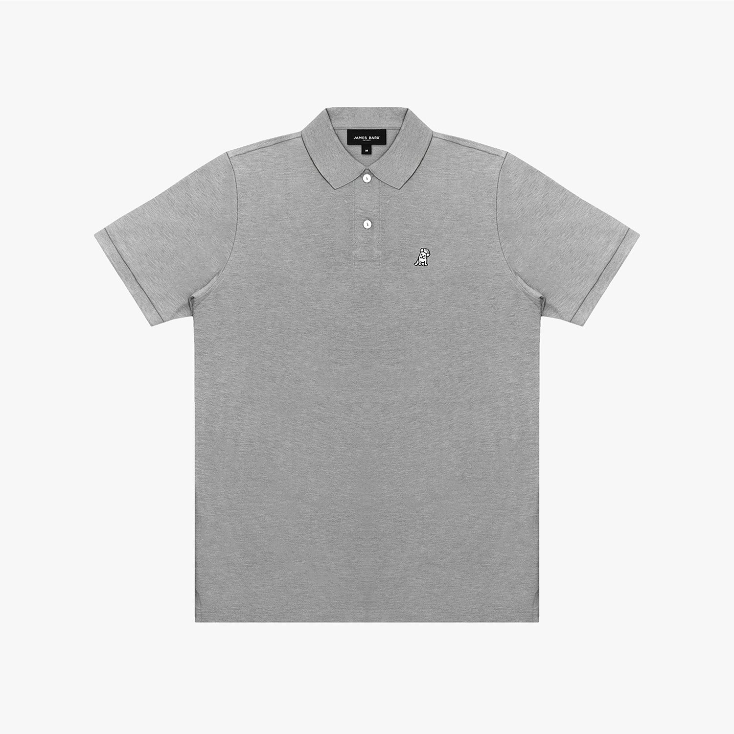 Gray polo shirt with a small logo on a white background